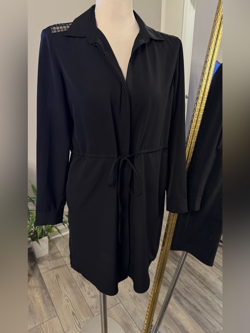 LOFT Black Textured Shirt Dress with Tie Waist
